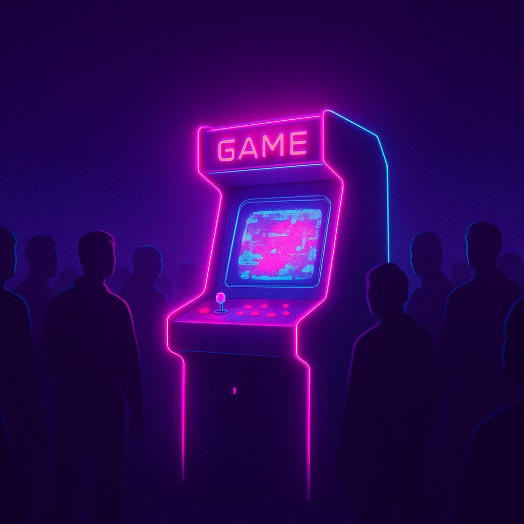 ArcadeForge hero art — neon arcade cabinet, crowd, interface