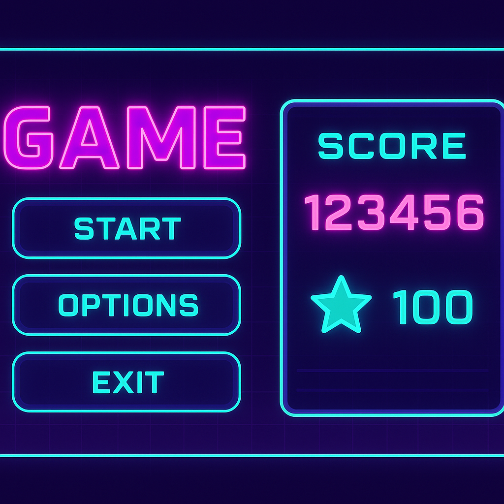 Gallery screenshot — neon mini game menu and scoreboard
