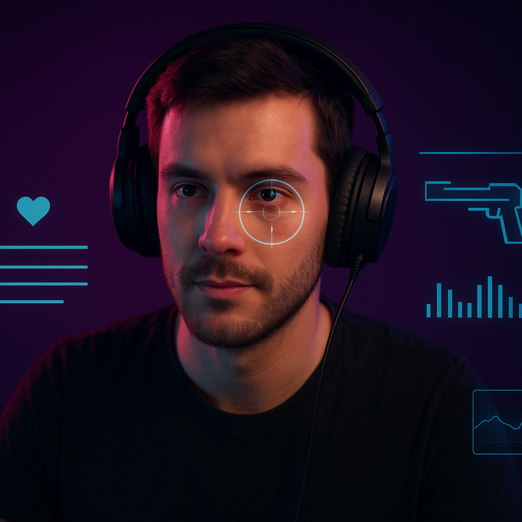 Player portrait with HUD overlay, testimonial
